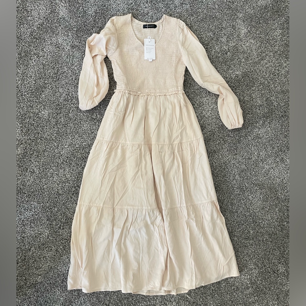 MEROKEETY, Beige, Long Sleeve Smocked Dress, Midi Dress